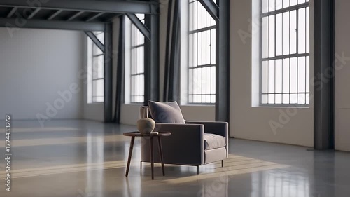 Modern Minimalist Living Room with Cozy Armchair and Bright Windows