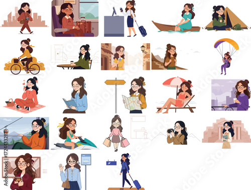 Flat vector illustration set of women traveling and enjoying leisure activities. Perfect for tourism, holiday, lifestyle, and adventure design projects.