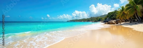 Wallpaper Mural Sun-kissed sand, turquoise waves gently lapping the shore, and a vibrant blue sky create a stunning coastal paradise Perfect for travel, vacation, and summer themes , blue, nature Torontodigital.ca