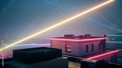 Night Skyline with Colorful Lights and Luminous Beams 216Z