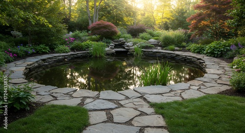 Circular garden pond with stone pathways