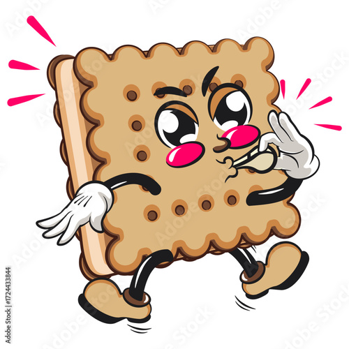 cute square biscuit sandwich mascot character vector illustration blowing the whistle, work of hand drawn