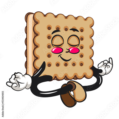 cute square biscuit sandwich mascot character vector illustration meditating, work of hand drawn