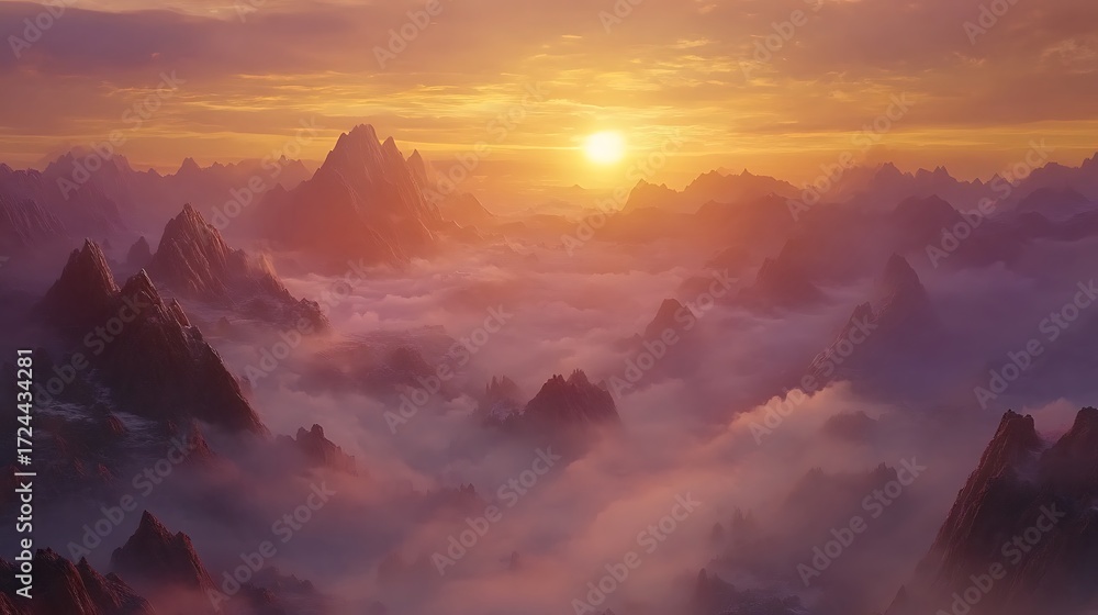 Fototapeta premium Breathtaking aerial view of majestic mountains at sunset with golden light and mystical fog for serene peaceful scenic landscape dramatic natural beauty atmospheric concept