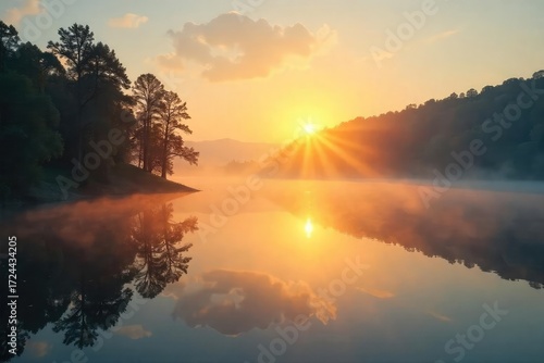 Sunrise over a tranquil lake on a Sunday morning, mist rising, reflecting golden light Peaceful scene signifying renewal and hope A fresh start to the week , serenity, daybreak, new beginning