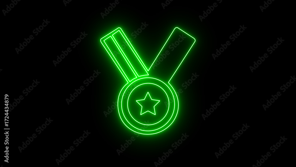 Green neon glowing medal icon with star for achievement and success, representing victory and quality, isolated on black background
