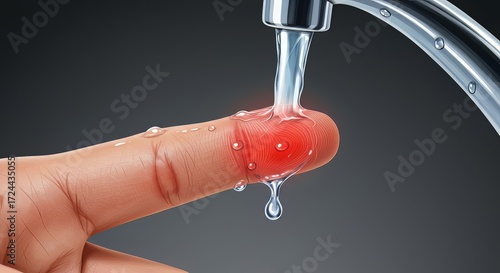 Relieving painful throbbing finger injury with cool running tap water relief