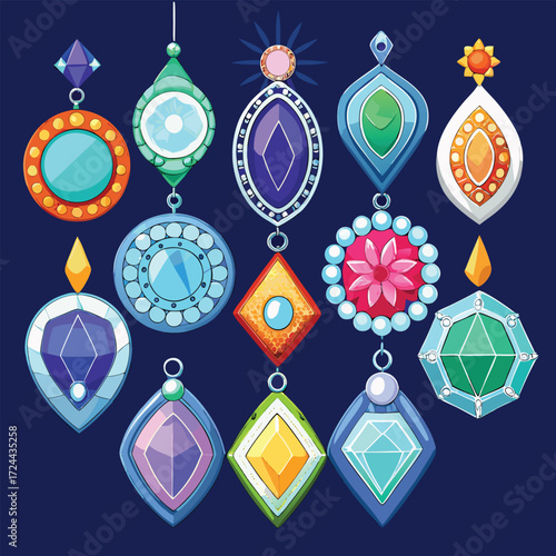 Assortment of fifteen colorful gemstone pendants on dark blue background