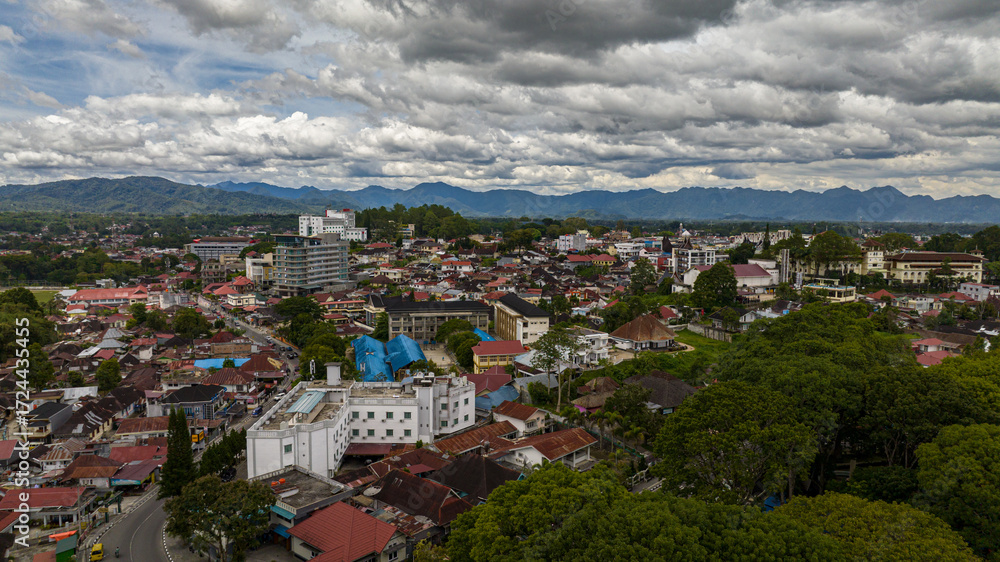 Fototapeta premium Aerial drone of Bukittinggi is a densely built city, a popular tourist spot. Sumatra. Indonesia.
