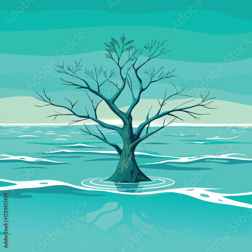 Bare tree in rippling turquoise water with stylized sky