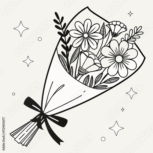A charming hand drawn black and white line art illustration of a beautiful bouquet of flowers tied with a ribbon surrounded by whimsical stars and circles on a light background