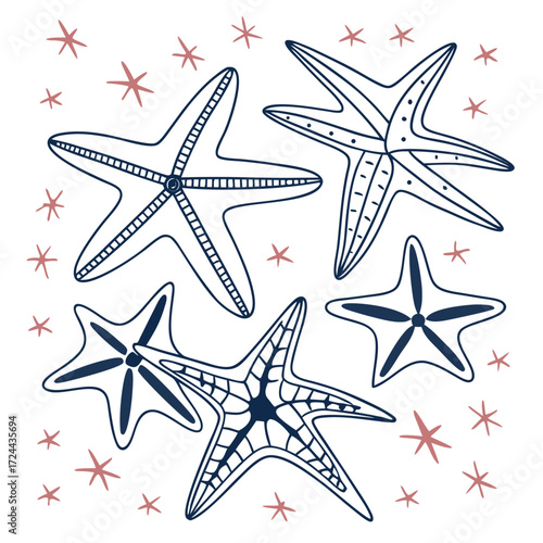 A charming collection of five distinct navy blue starfish illustrations with intricate line details scattered amongst small scattered coral pink star shapes on a clean white background