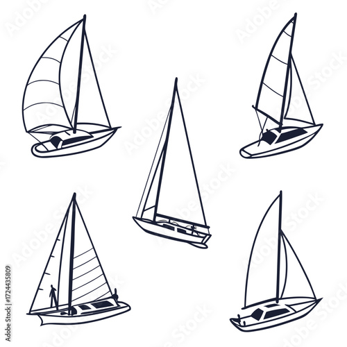 A collection of five hand drawn line art illustrations of sailboats with dark blue outlines on a white background showcasing different angles and sail configurations