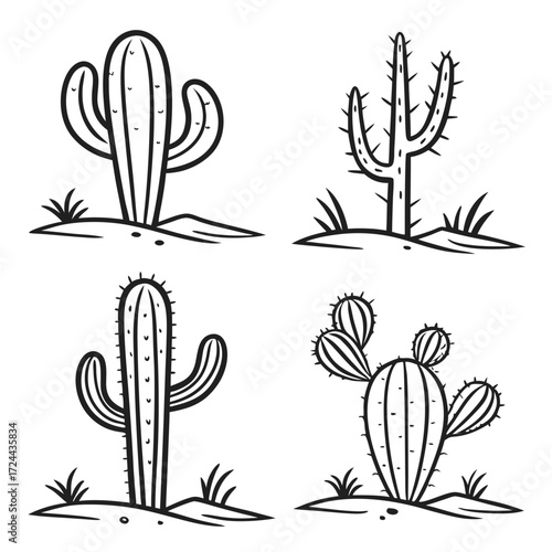 A collection of four hand drawn black and white illustrations of various cactus plants growing in sandy desert environments with minimalist grass accents