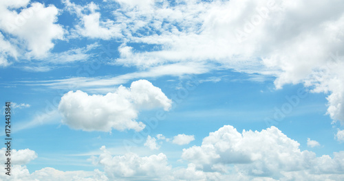 Bright and clear sky filled with fluffy white clouds against a vivid blue background, Sense of freshness openness and tranquility.