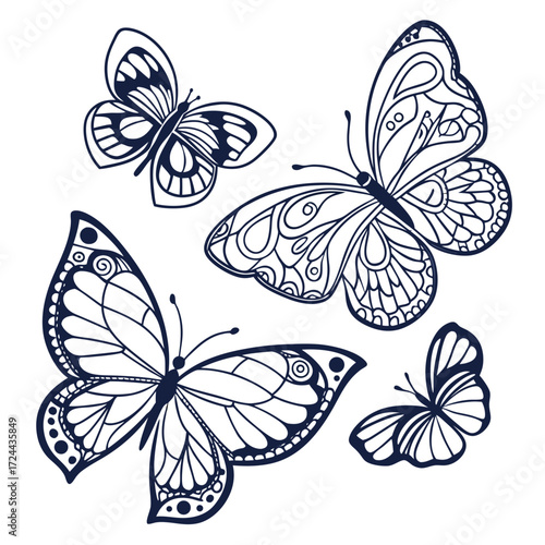 A collection of four intricately designed dark blue line art butterflies with detailed patterns on their wings isolated on a white background representing nature and beauty