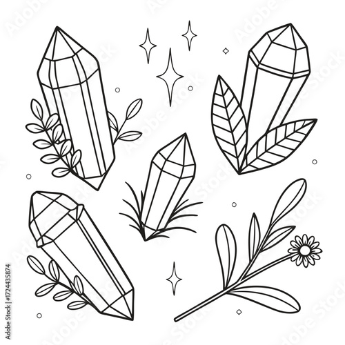 A collection of hand drawn black and white crystal illustrations with botanical elements and sparkling stars perfect for mystical and natural designs