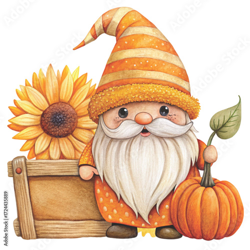 gnome with long white beard wearing an orange hat decorated with pumpkins clipart watercolor white background
