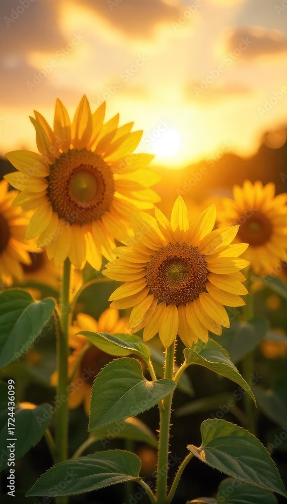 Fototapeta premium Vibrant sunflowers bask in the golden sunlight, their faces turned towards the radiant sun A picturesque scene of summer joy and natural beauty , blossom, rays, close-up