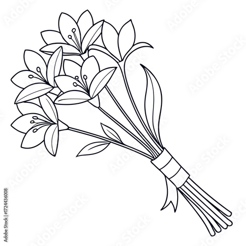 A delicate line drawing of a bouquet of five blooming lilies with long green leaves tied with a ribbon on a white background