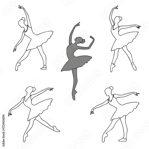 A graceful collection of five ballet dancers in elegant poses one highlighted in solid grey showcasing the art of movement and dance