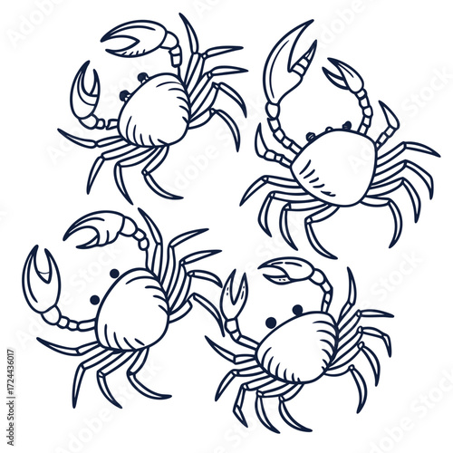 A delightful hand drawn illustration featuring four stylized crabs in a circular arrangement with dark blue outlines on a white background perfect for summer or nautical themes