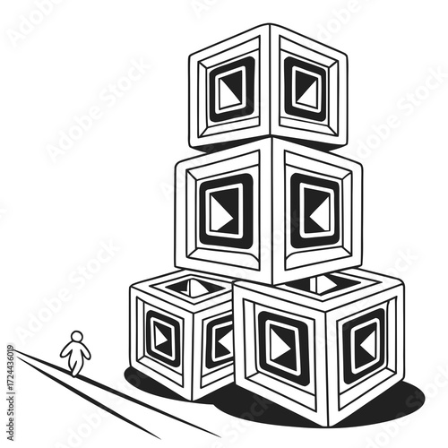 A lone abstract figure walks towards a towering stack of stylized geometric cubes with triangular patterns on their faces symbolizing ambition and progress