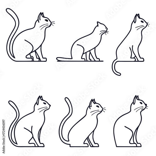 A set of six minimalist line art illustrations of cats in various sitting poses presented in a clean simple and modern graphic design style on a white background