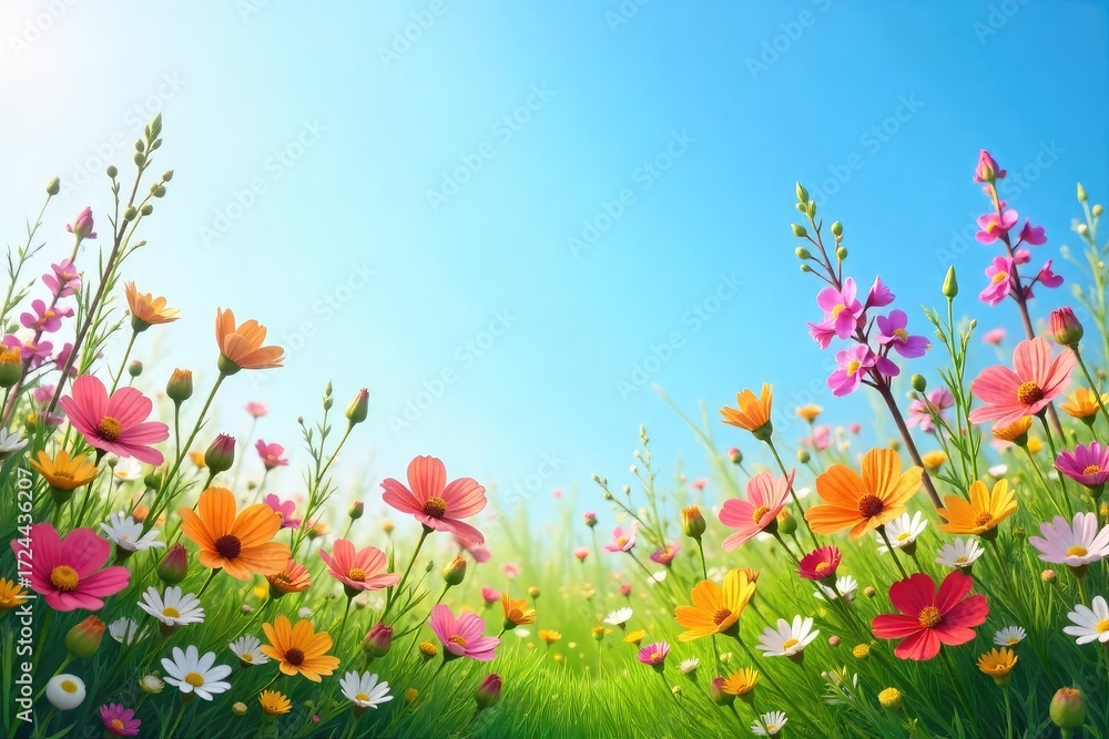 Obraz premium Vibrant, sunlit border of wildflowers blooming profusely against a clear blue sky Perfect for spring, summer, nature, and travel themes Shows a lush, thriving natural border , sunlit, background