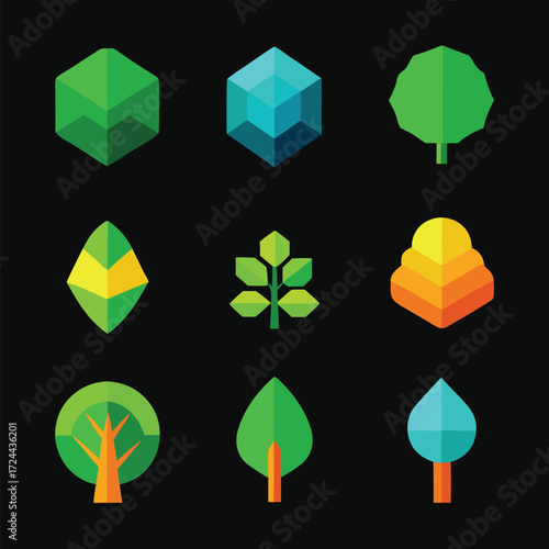 Collection of nine flat design nature icons on black