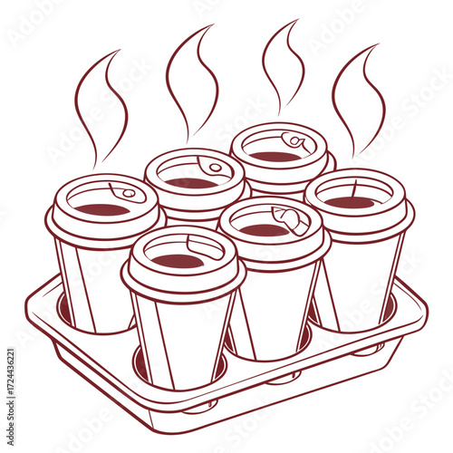 A tray of six steaming hot disposable coffee cups with lids ready for takeaway service presented in a simple line art illustration style with a white background