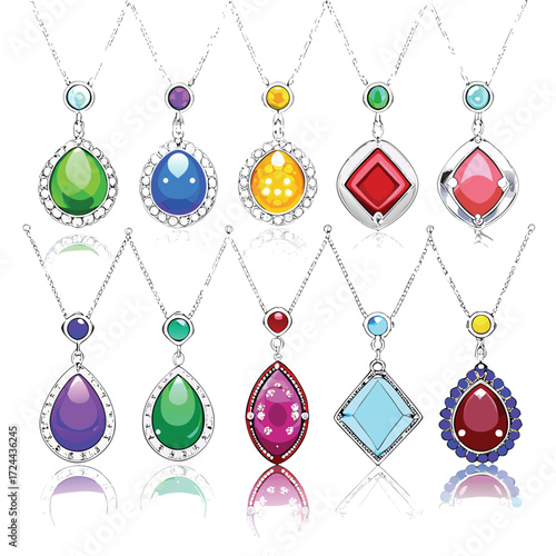 Collection of ten colorful gemstone pendants on white background