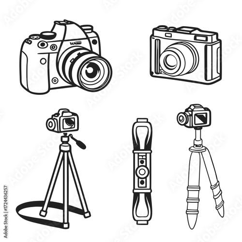 Collection of black and white line art illustrations depicting various types of cameras and photographic accessories including a dslr camera a compact camera a camera on a tripod and a camera strap