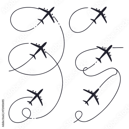 Collection of stylized airplane icons with dotted flight paths illustrating travel routes and journeys across a clean white background