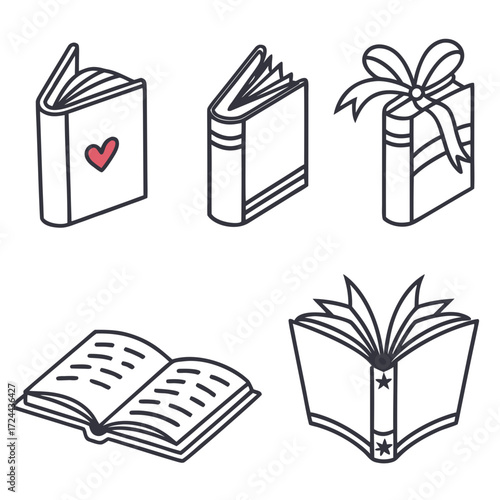 Collection of stylized line art icons representing different types of books including an open book a closed book a book with a heart and a book presented as a gift