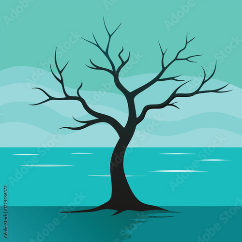 Dark Silhouette of a Bare Tree by the Teal Ocean dead tree