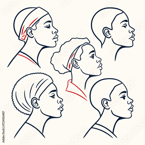 Diverse collection of minimalist line art portraits showcasing profiles of women with various hairstyles and head coverings in navy blue and red accents on a cream background