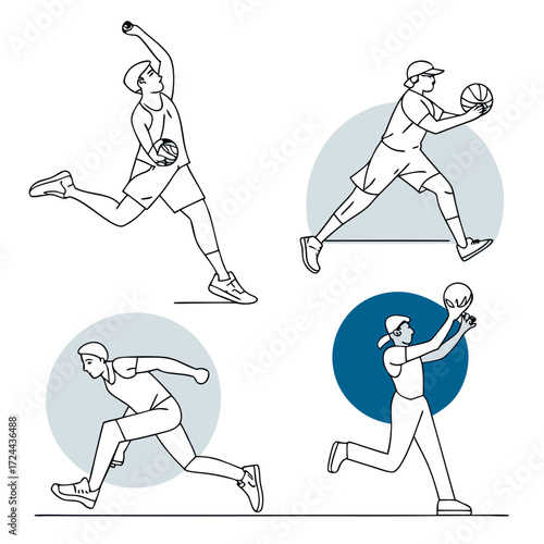 Dynamic line art illustrations of athletes in action playing sports with balls and geometric backgrounds