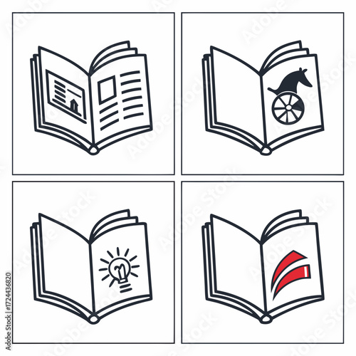 Four distinct open book icons featuring simple line art illustrations of a house a horse drawn chariot a lightbulb and abstract red shapes representing knowledge or information
