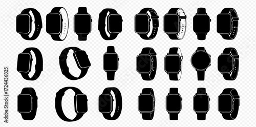 A collection of black smartwatch silhouettes showcasing diverse modern wearable technology designs.