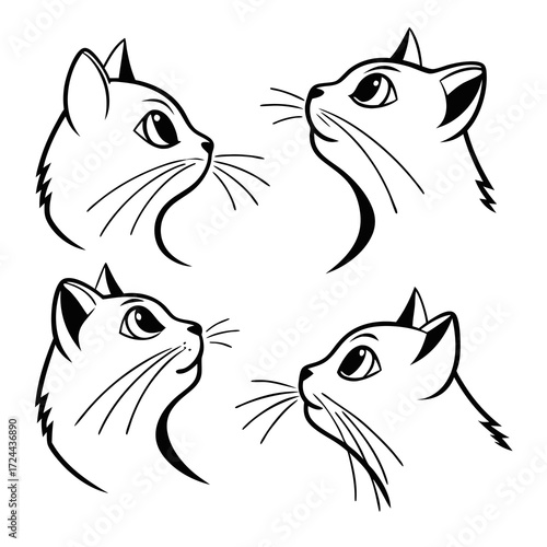 Four stylized black and white line art illustrations of cat heads in profile looking upwards with expressive eyes and whiskers on a clean white background