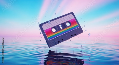 Retro cassette tape floating above rippling water with colorful light rays