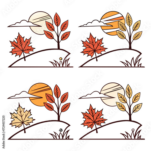 Four stylized illustrations depicting autumn landscapes with trees falling leaves sun and clouds in a simple graphic design style