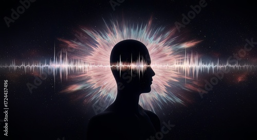 Mindful silhouette with vibrant energy pulse and sound wave visualization