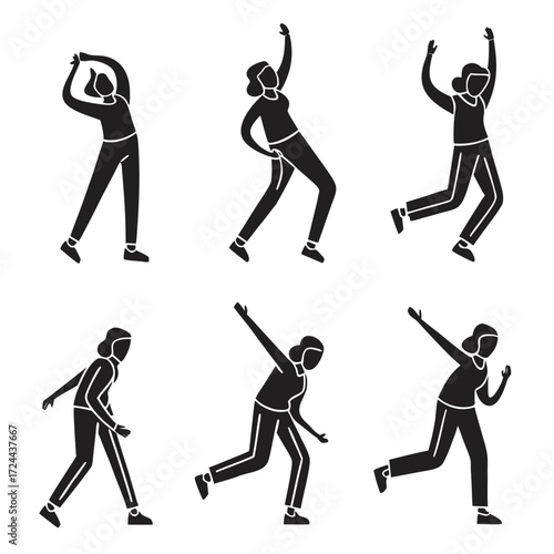 Set of six black silhouette figures of women in dynamic poses showcasing various dance moves and active gestures against a white background