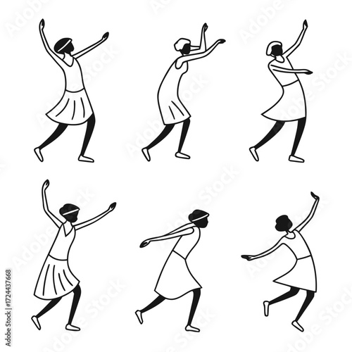Set of six stylized black and white line art illustrations of women in flapper dresses dancing joyfully with arms outstretched and legs in motion