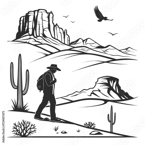 Silhouette of a lone hiker with a backpack walking through a desert landscape with saguaro cacti mountains and an eagle soaring overhead in a stylized black and white illustration