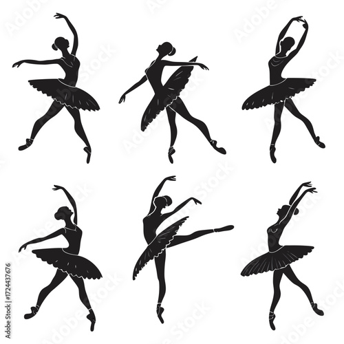 Six elegant black silhouettes of ballerinas in various graceful poses and ballet positions on a white background