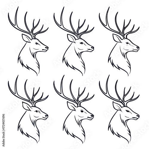 Six stylized line art illustrations of a majestic stag deer head in profile view showcasing impressive antlers and a noble profile against a clean white background
