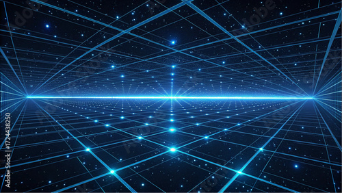 Abstract digital network grid with glowing blue lights and geometric lines